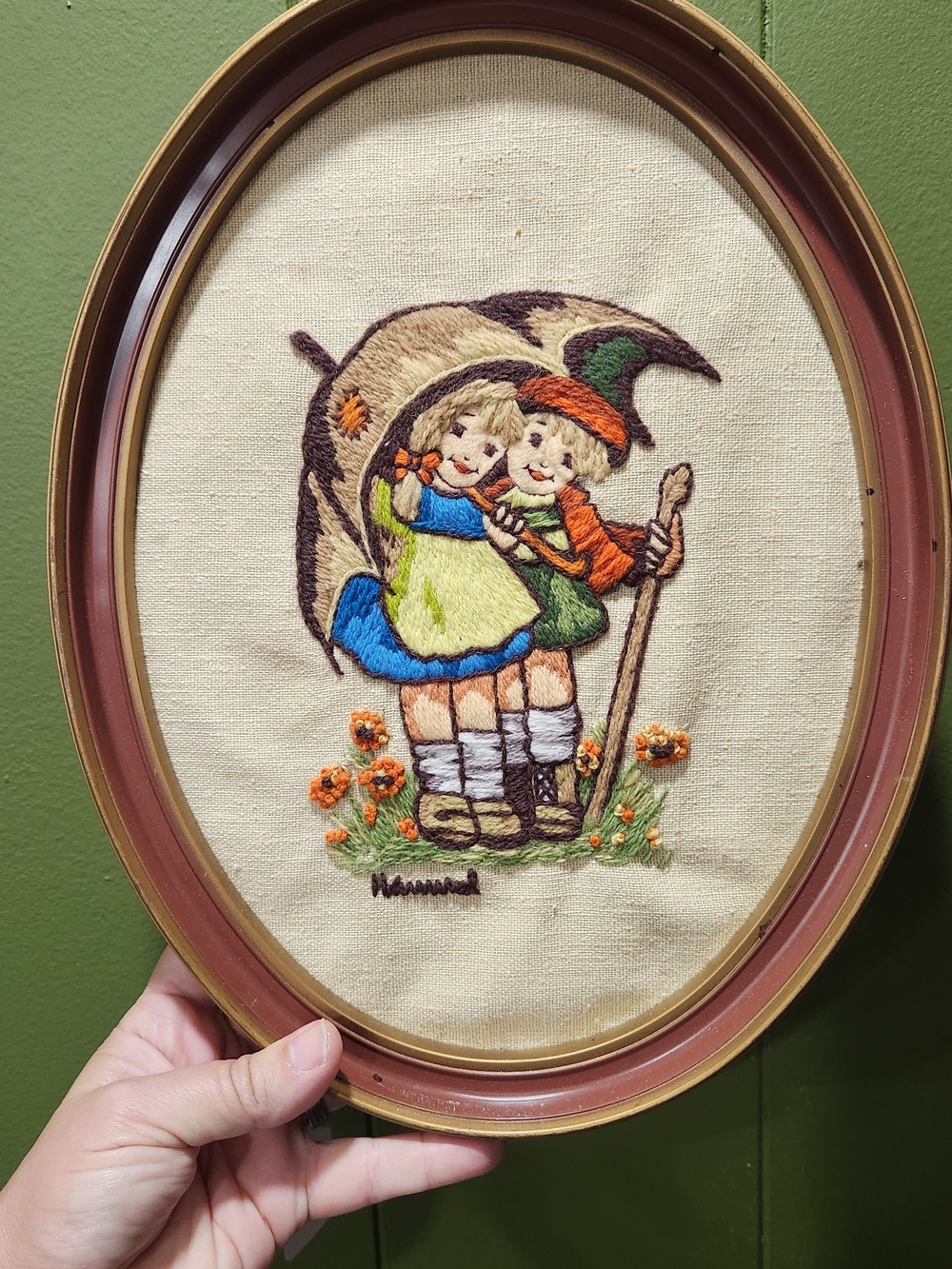 Hand-Embroidered Children Under Umbrella Wall Art - Green, Blue, Orange